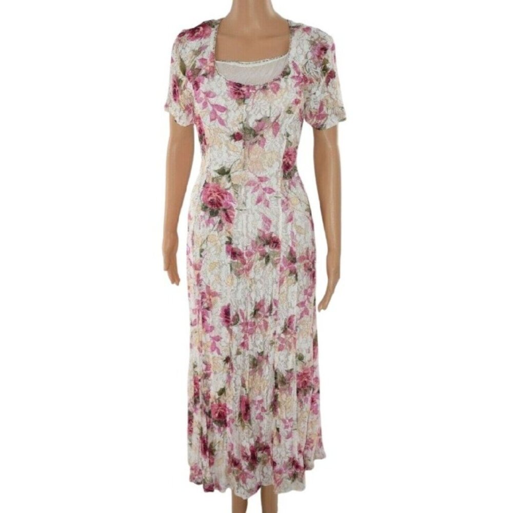 Vintage 90s Nostalgia Sheer Floral Maxi Dress Pink Lace Cottagecore Size Small